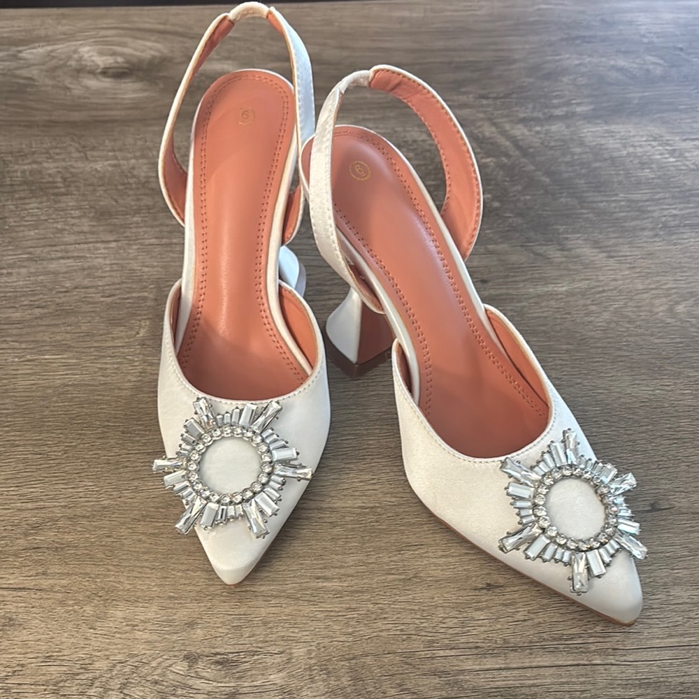 Amazon White Slingback Heels with Crystal Embellishments